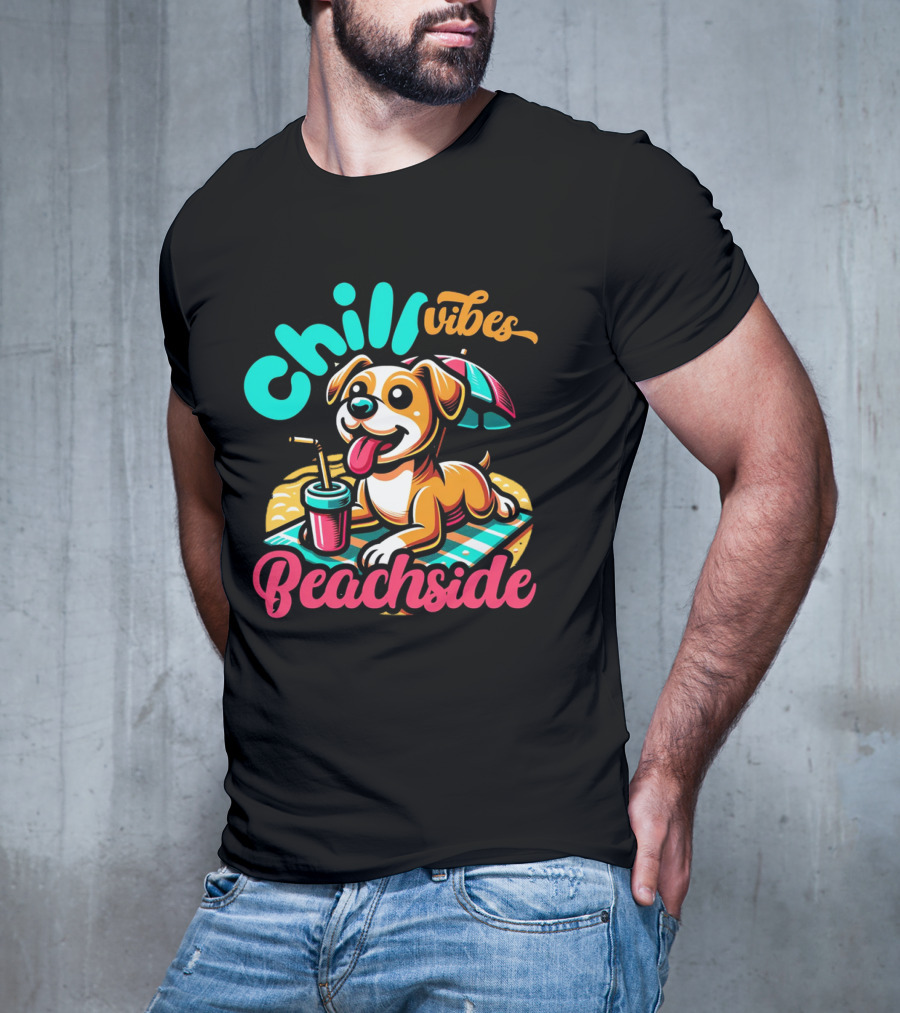Chill Vibes Beachside Relaxing Dog With Umbrella And Drink T-Shirt