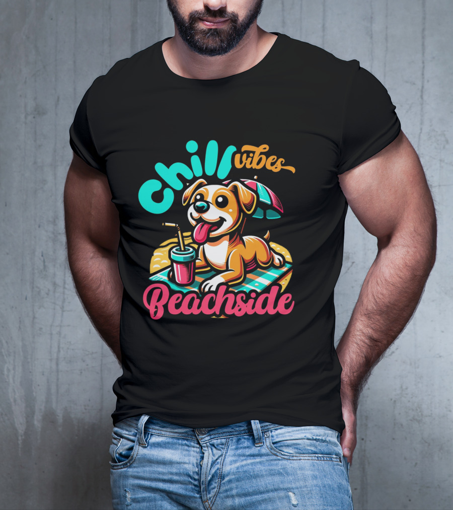 Chill Vibes Beachside Relaxing Dog With Umbrella And Drink T-Shirt