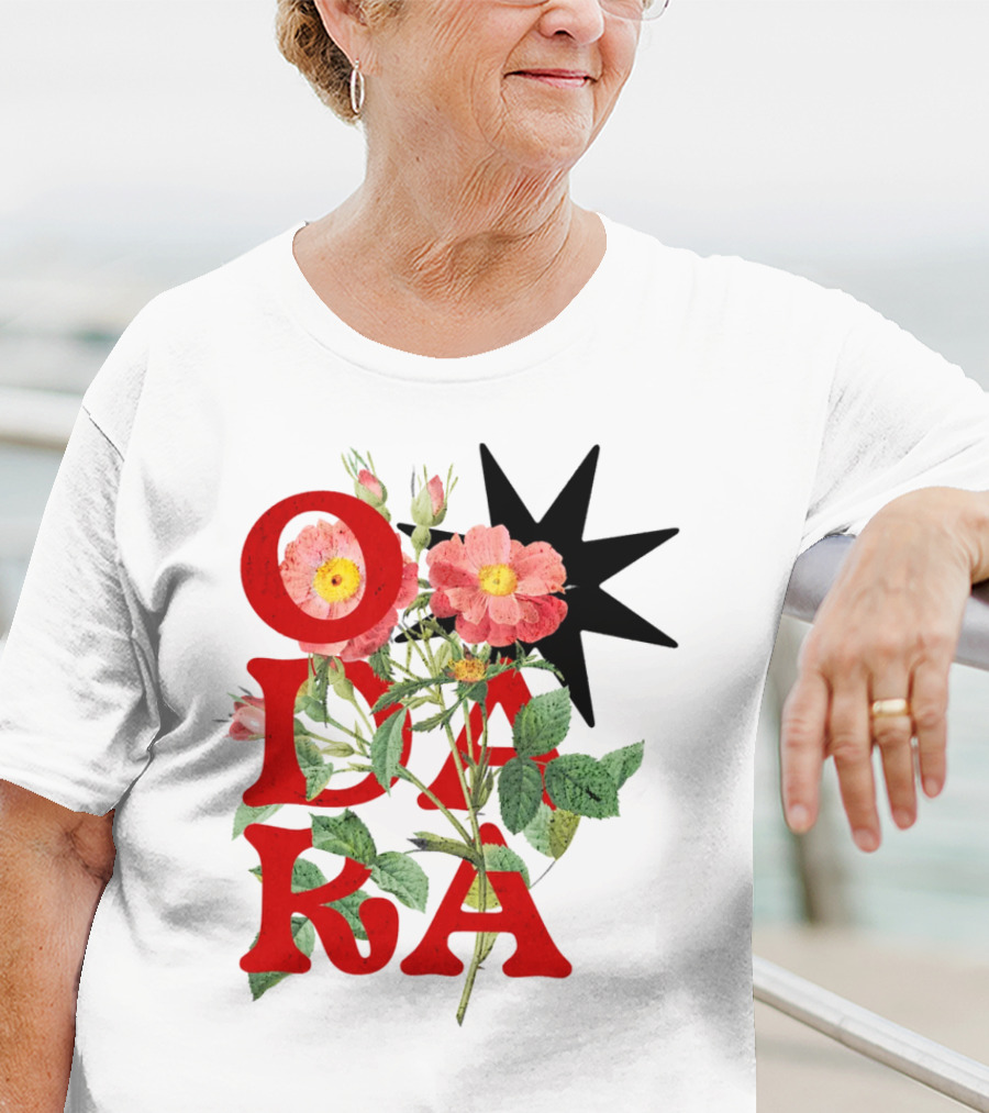ODARA Bold Floral Art With Red Letters And Pink Flowers T-Shirt