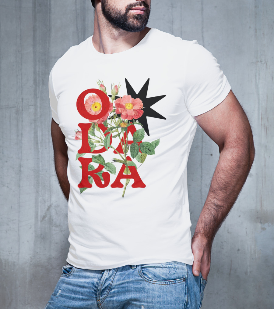 ODARA Bold Floral Art With Red Letters And Pink Flowers T-Shirt