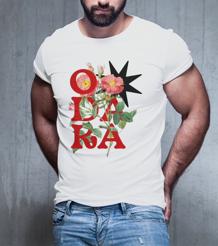 ODARA Bold Floral Art With Red Letters And Pink Flowers T-Shirt