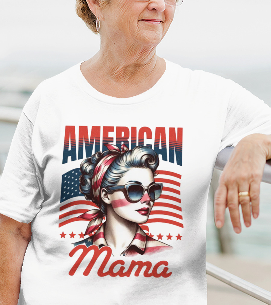 American Mama Vintage Patriotic Bandana Sunglasses Retro Flag Stars T-Shirt