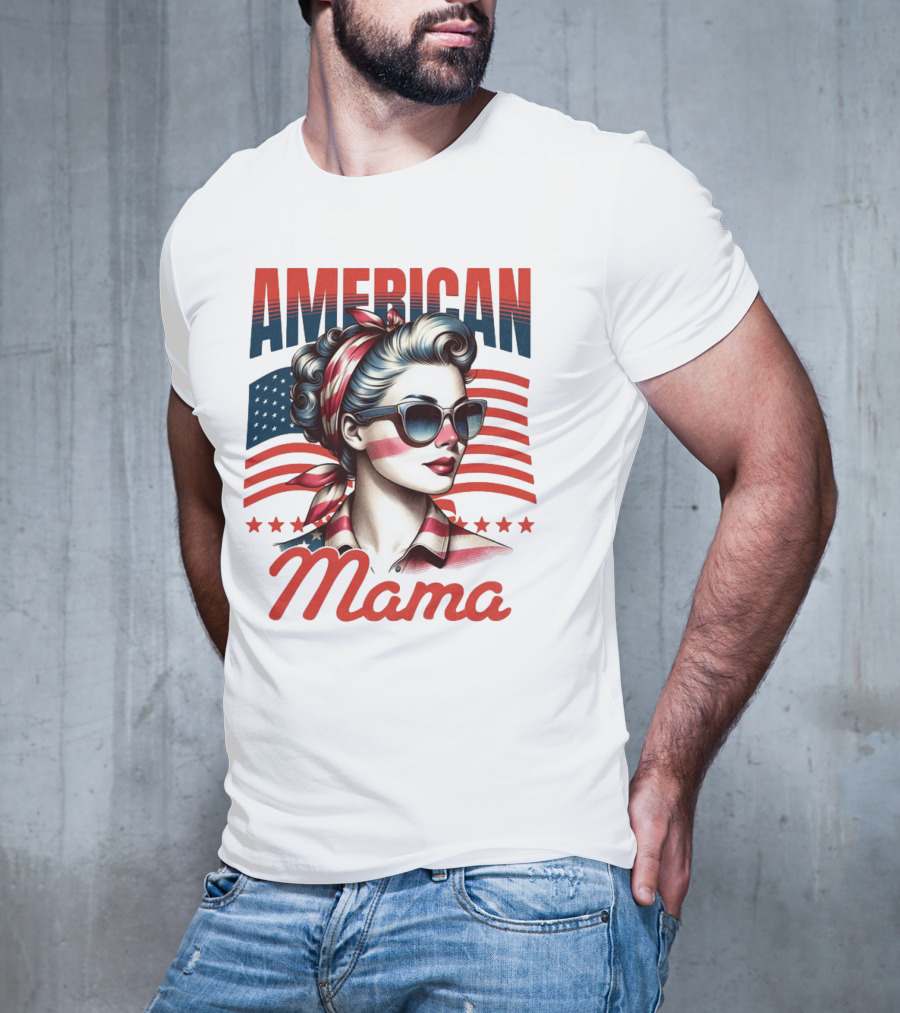 American Mama Vintage Patriotic Bandana Sunglasses Retro Flag Stars T-Shirt