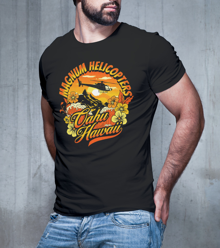 Magnum Helicopters Oahu Hawaii Helicopter Scenic Sunset Tropical Flowers T-Shirt