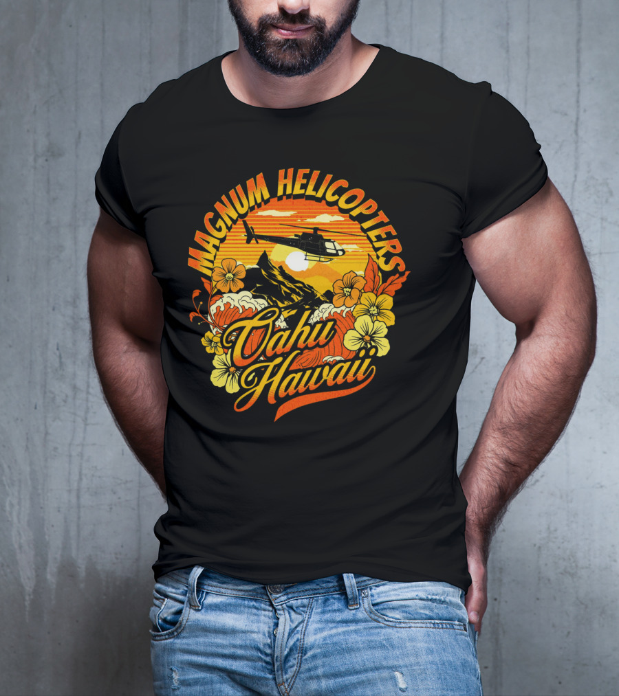 Magnum Helicopters Oahu Hawaii Helicopter Scenic Sunset Tropical Flowers T-Shirt