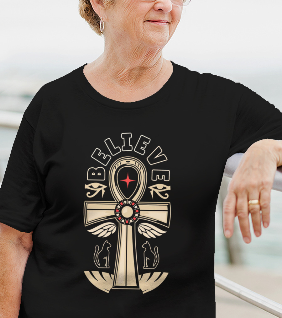 Believe Faith Ankh Symbol With Cats And Wings T-Shirt