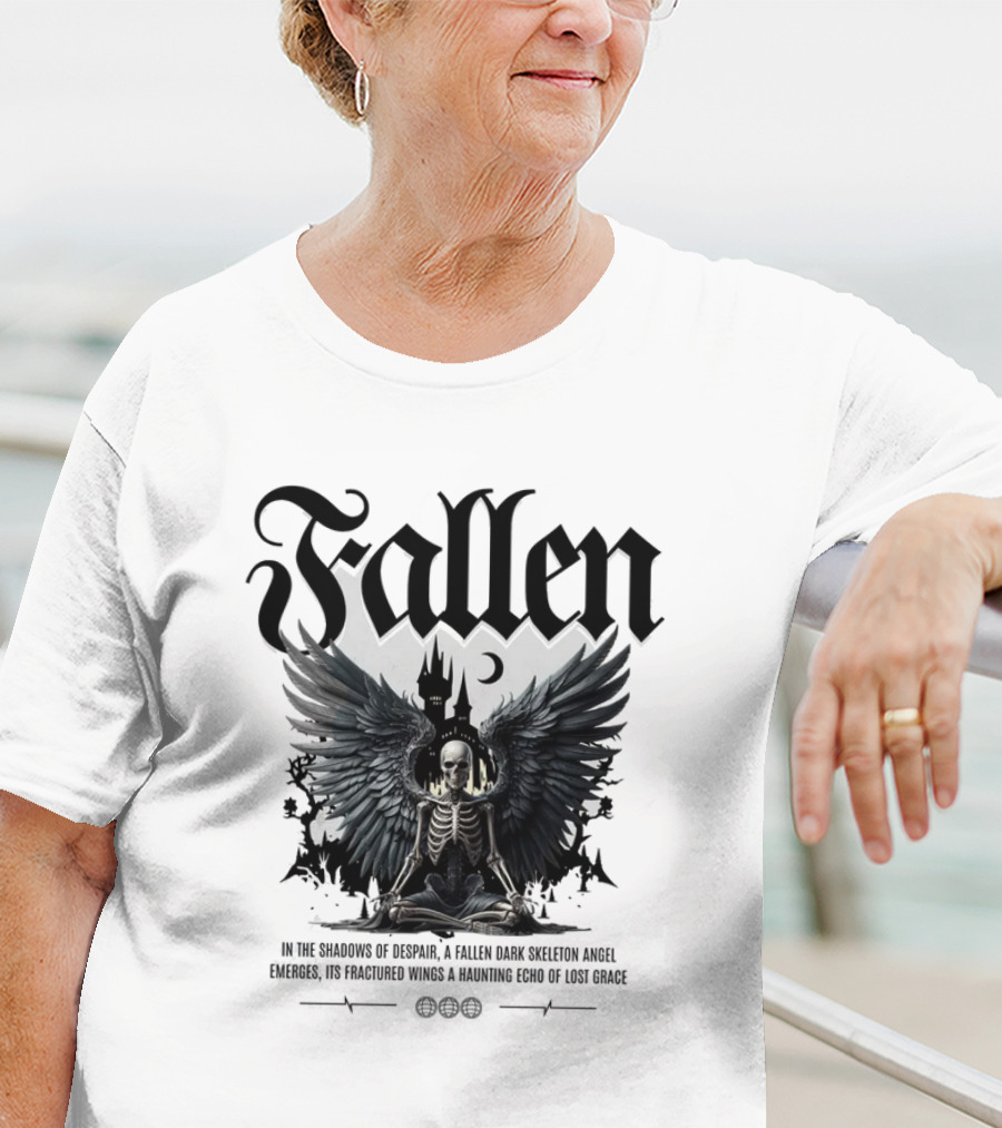 Fallen Dark Skeleton Angel With Fractured Wings And Gothic Castle T-Shirt