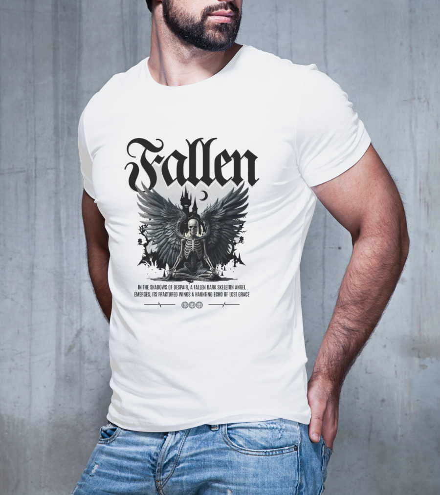 Fallen Dark Skeleton Angel With Fractured Wings And Gothic Castle T-Shirt