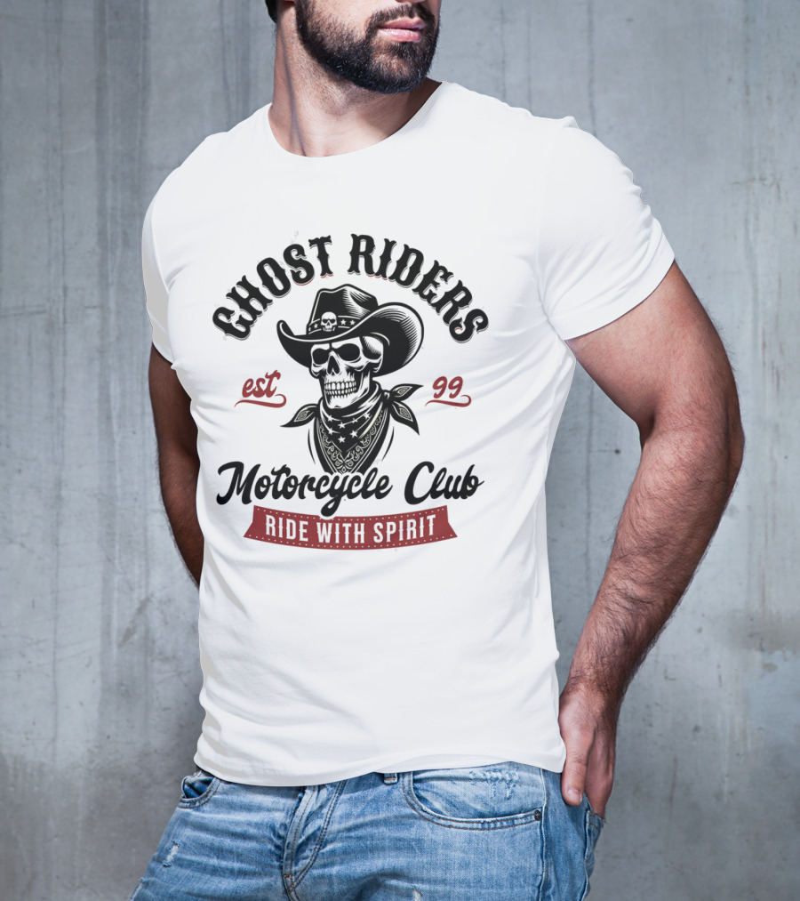 Ghost Riders Cowboy Skull Motorcycle Club Ride With Spirit Est 99 T-Shirt