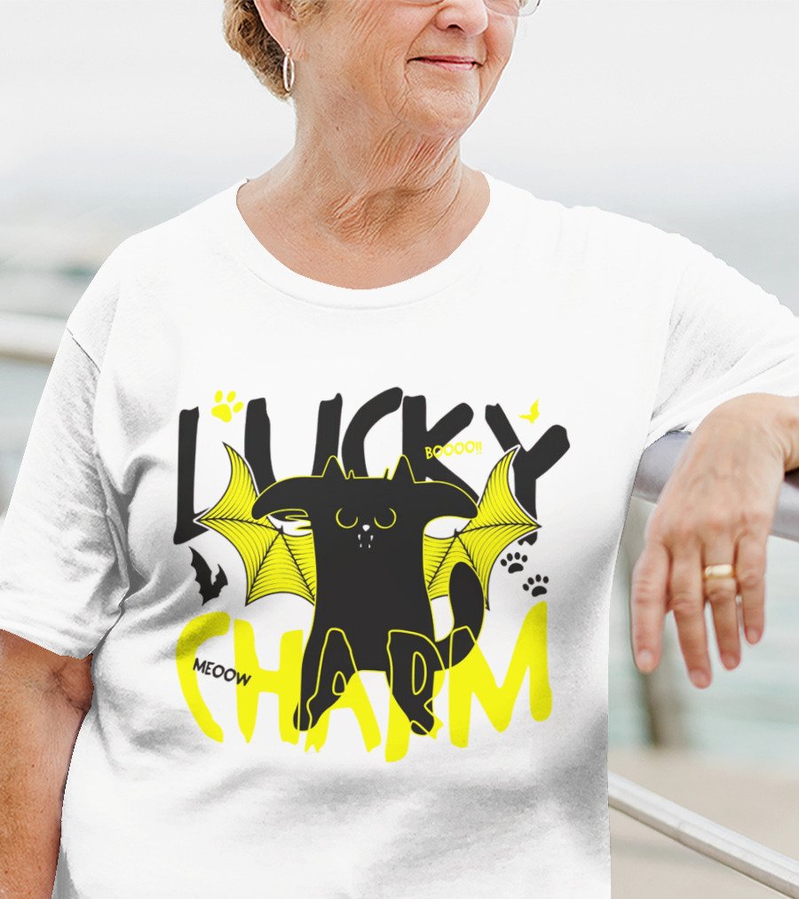 LUCKY CHARM Meow Boooo Bat Wings Cat Paw Prints T-Shirt