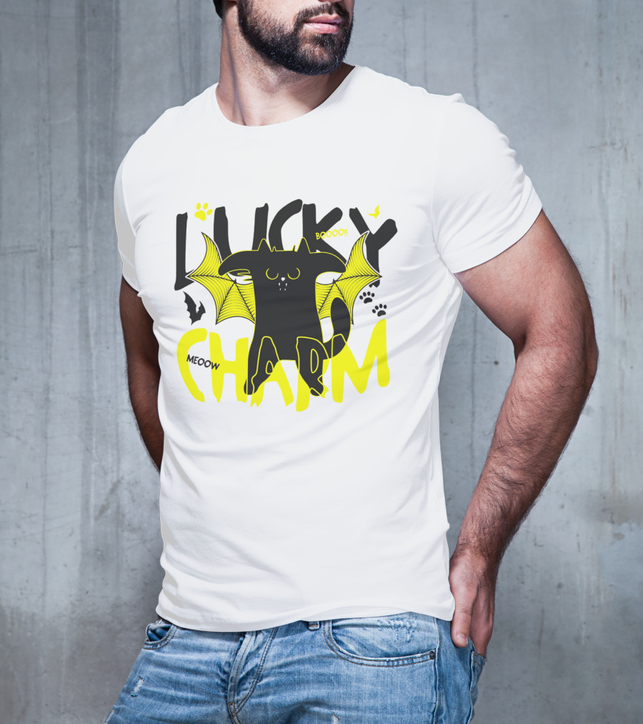 LUCKY CHARM Meow Boooo Bat Wings Cat Paw Prints T-Shirt