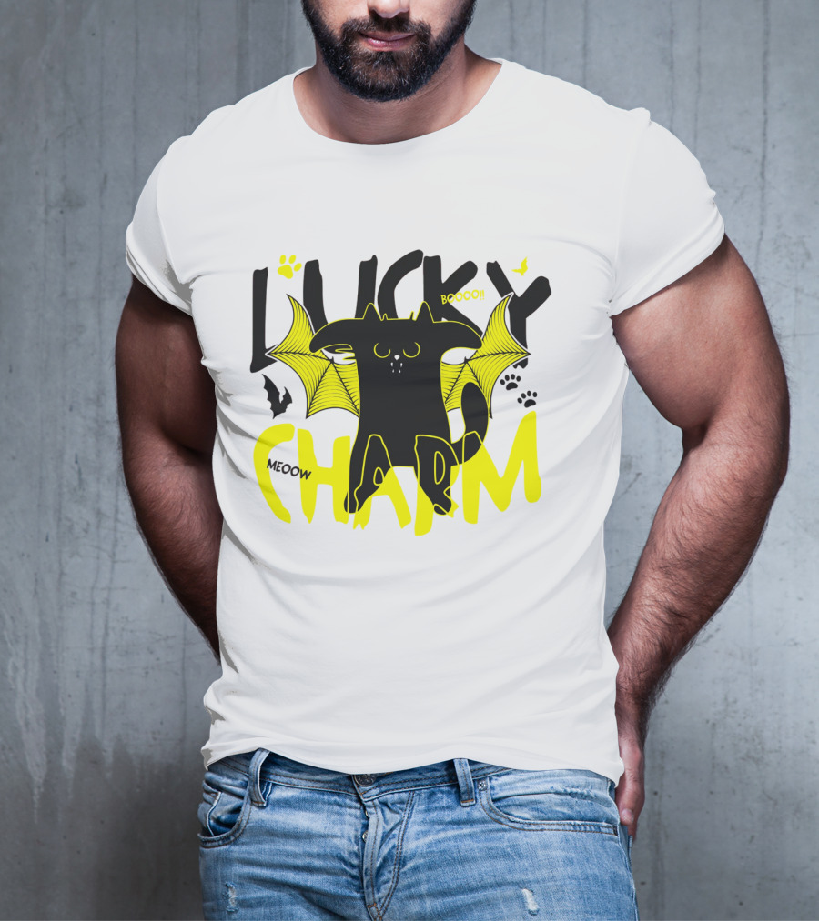 LUCKY CHARM Meow Boooo Bat Wings Cat Paw Prints T-Shirt