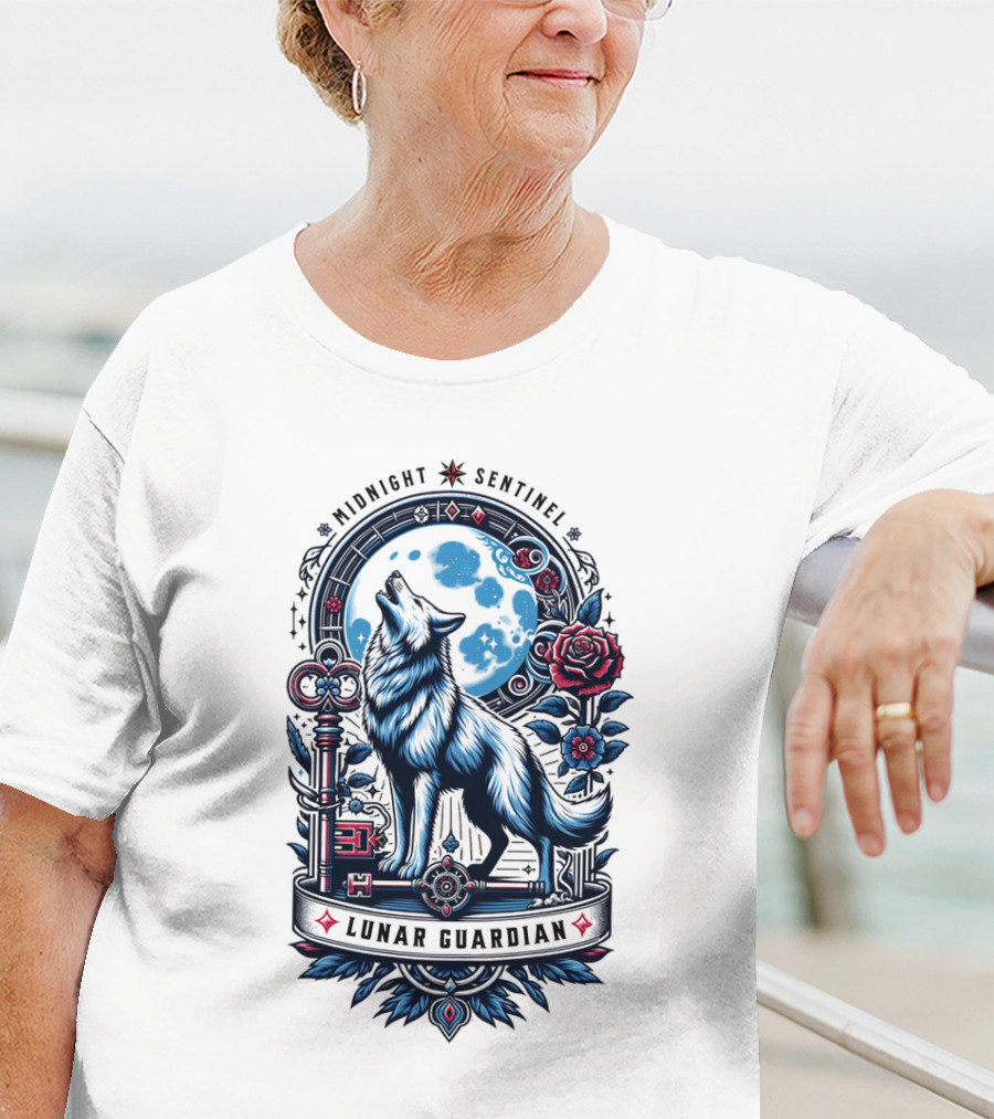 Midnight Sentinel Lunar Guardian Key And Roses Howling Wolf Moon T-Shirt