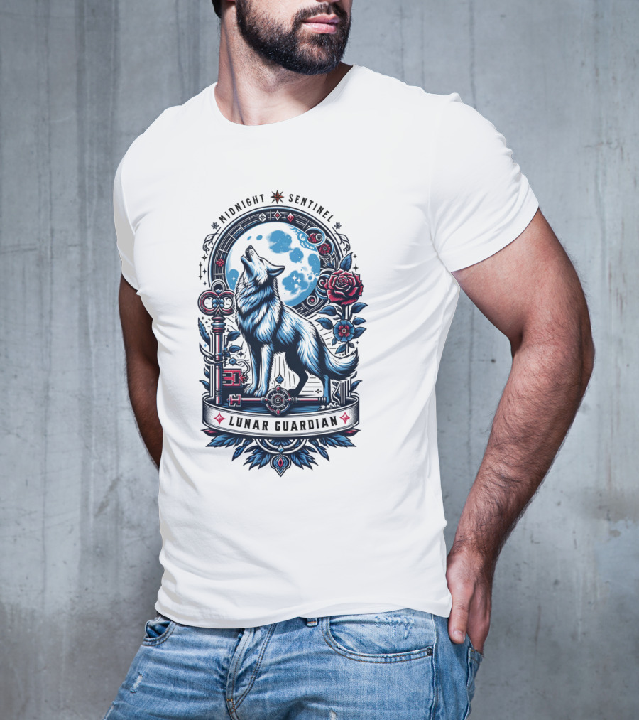 Midnight Sentinel Lunar Guardian Key And Roses Howling Wolf Moon T-Shirt