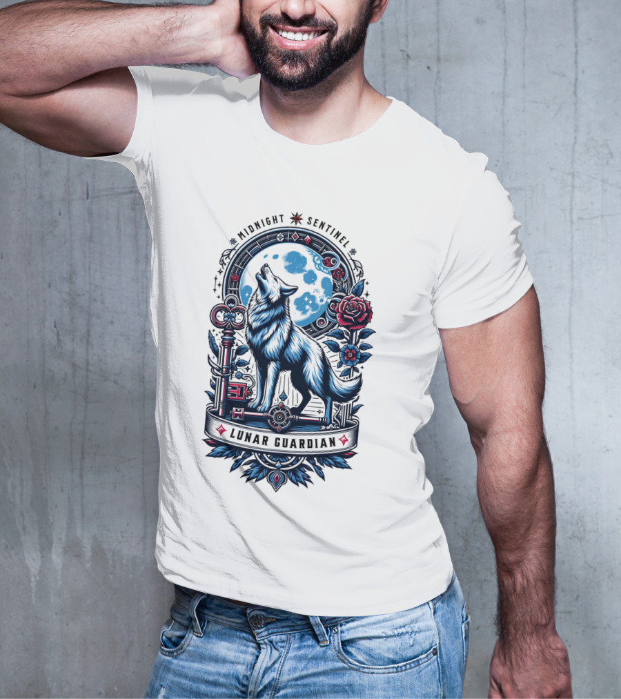 Midnight Sentinel Lunar Guardian Key And Roses Howling Wolf Moon T-Shirt
