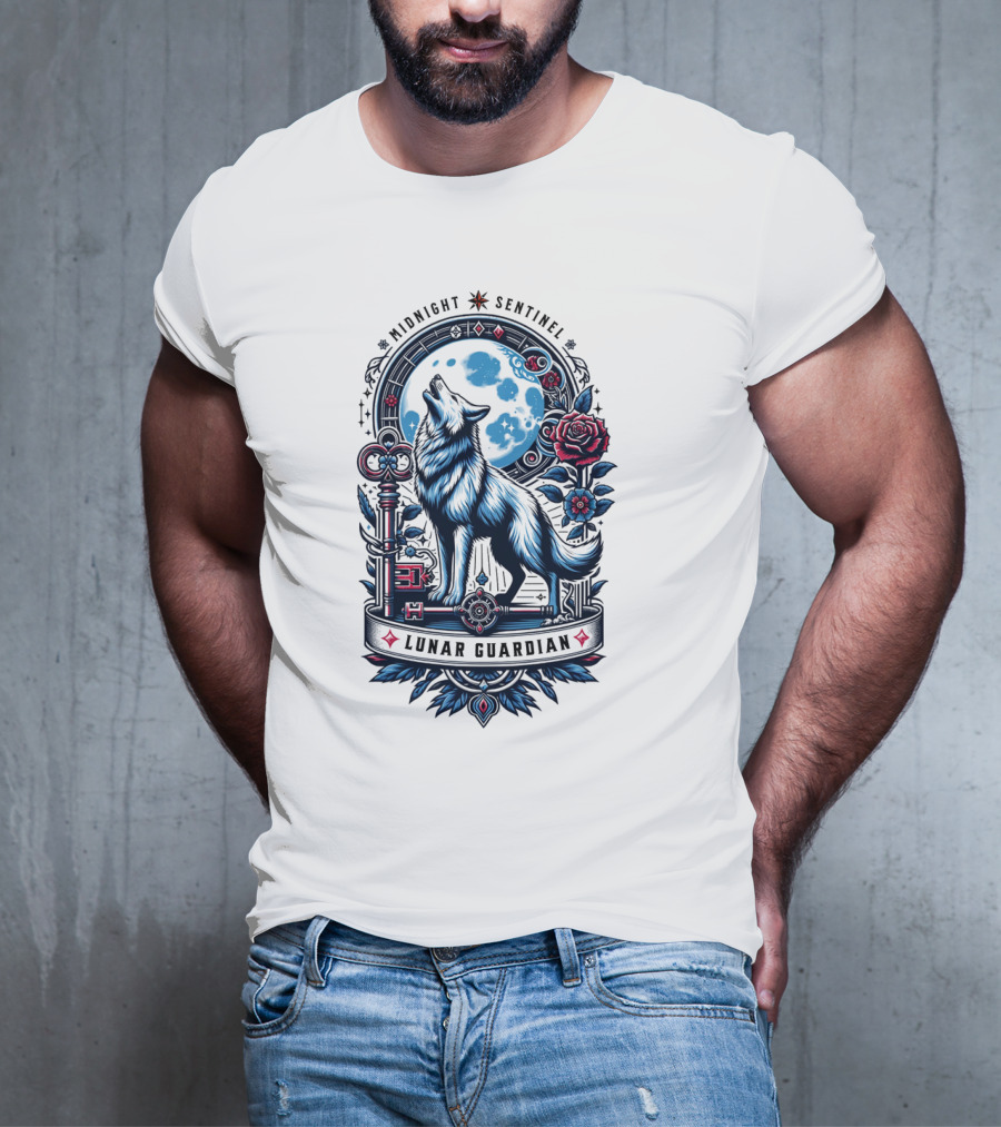 Midnight Sentinel Lunar Guardian Key And Roses Howling Wolf Moon T-Shirt