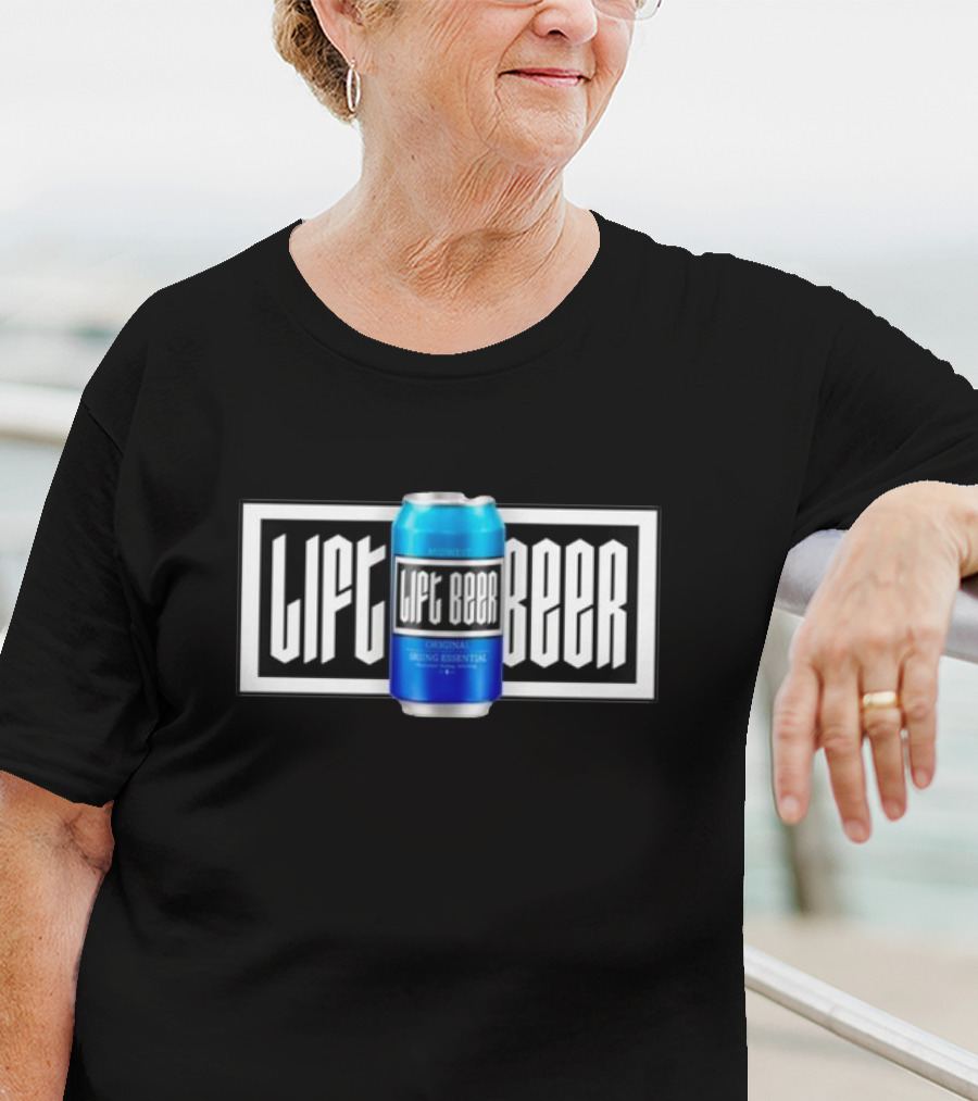 Lift Beer Original Drinking Essential Emblem - Black And White Background With Blue Can T-Shirt