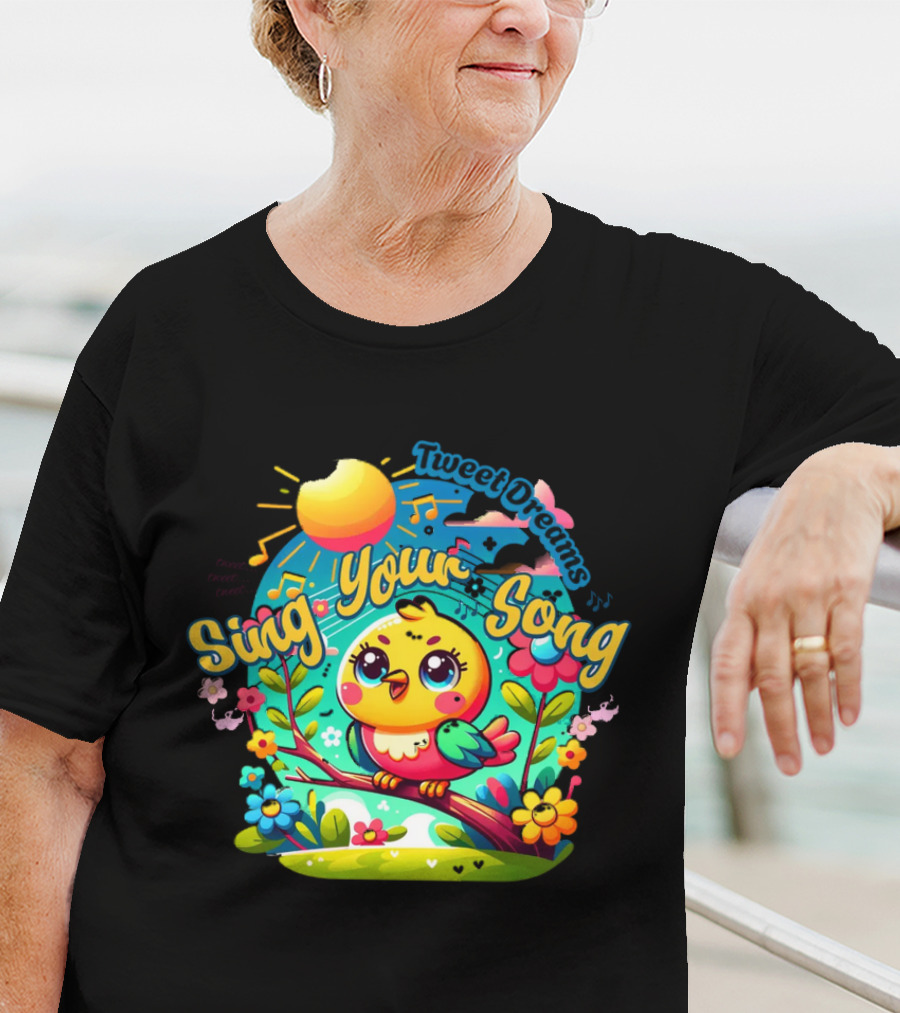 Tweet Dreams Sing Your Song Brightly-Colored Cartoon Bird And Musical Notes T-Shirt
