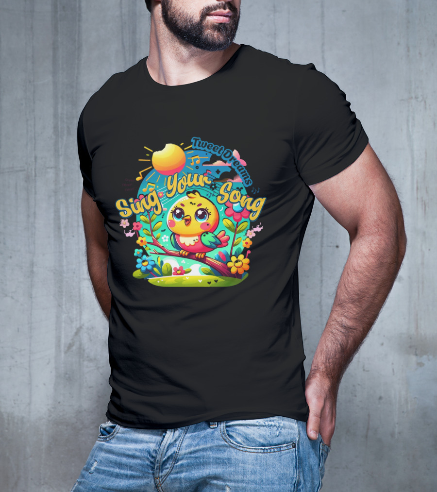 Tweet Dreams Sing Your Song Brightly-Colored Cartoon Bird And Musical Notes T-Shirt