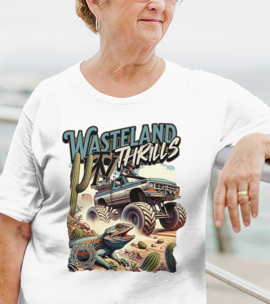 Wasteland Thrills Monster Truck Adventure With Lizard And Cactus Desert Scene T-Shirt