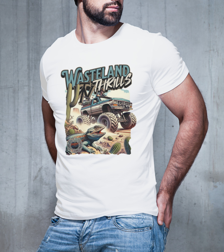 Wasteland Thrills Monster Truck Adventure With Lizard And Cactus Desert Scene T-Shirt