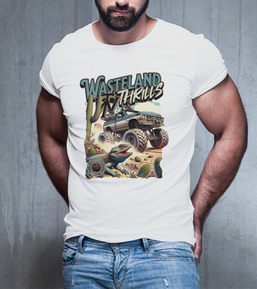 Wasteland Thrills Monster Truck Adventure With Lizard And Cactus Desert Scene T-Shirt