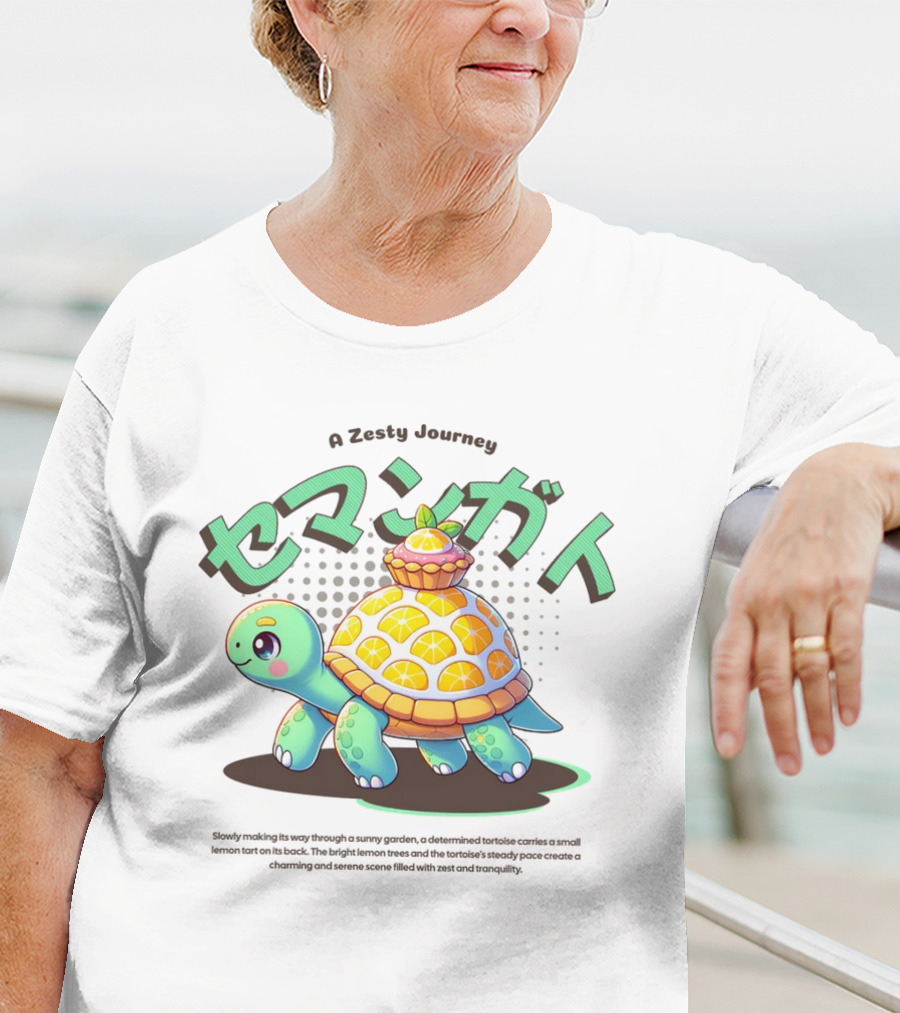 A Zesty Journey Tortoise With Lemon Back And Japanese Text T-Shirt