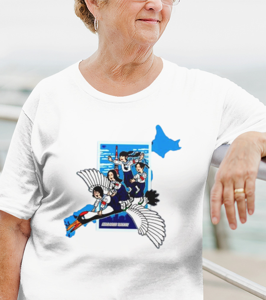 Atarashii Gakko Navy Crane Cartoon With Energetic Flyers And Blue Map Highlight T-Shirt