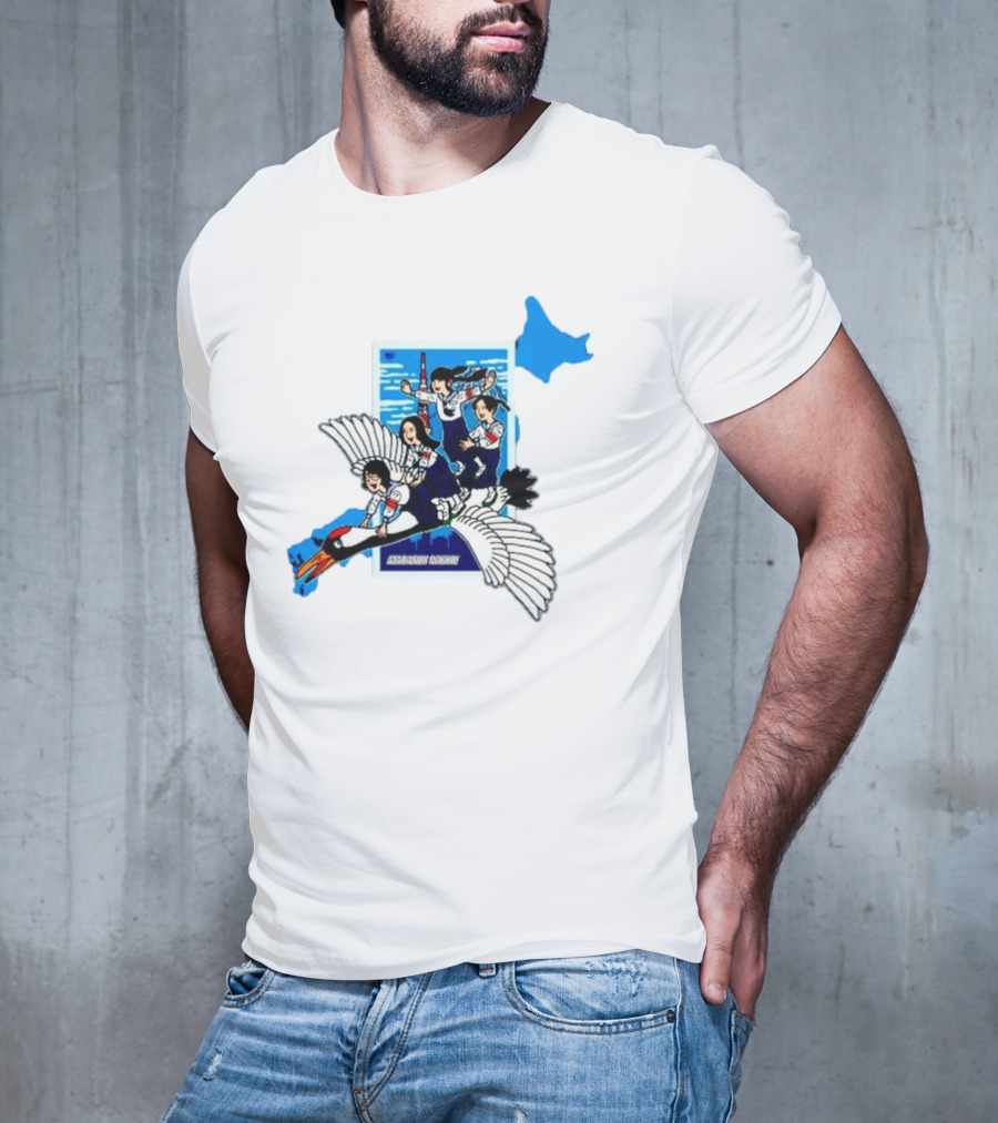 Atarashii Gakko Navy Crane Cartoon With Energetic Flyers And Blue Map Highlight T-Shirt