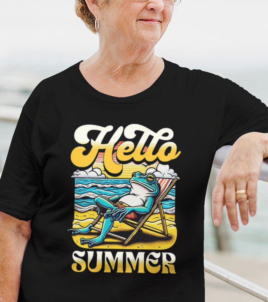 Hello Summer Frog Vintage Beach Scene T-Shirt