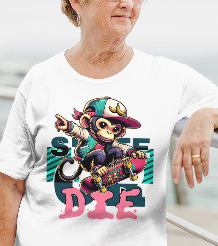 Skate Or Die Monkey On Skateboard With Cap And Jacket T-Shirt
