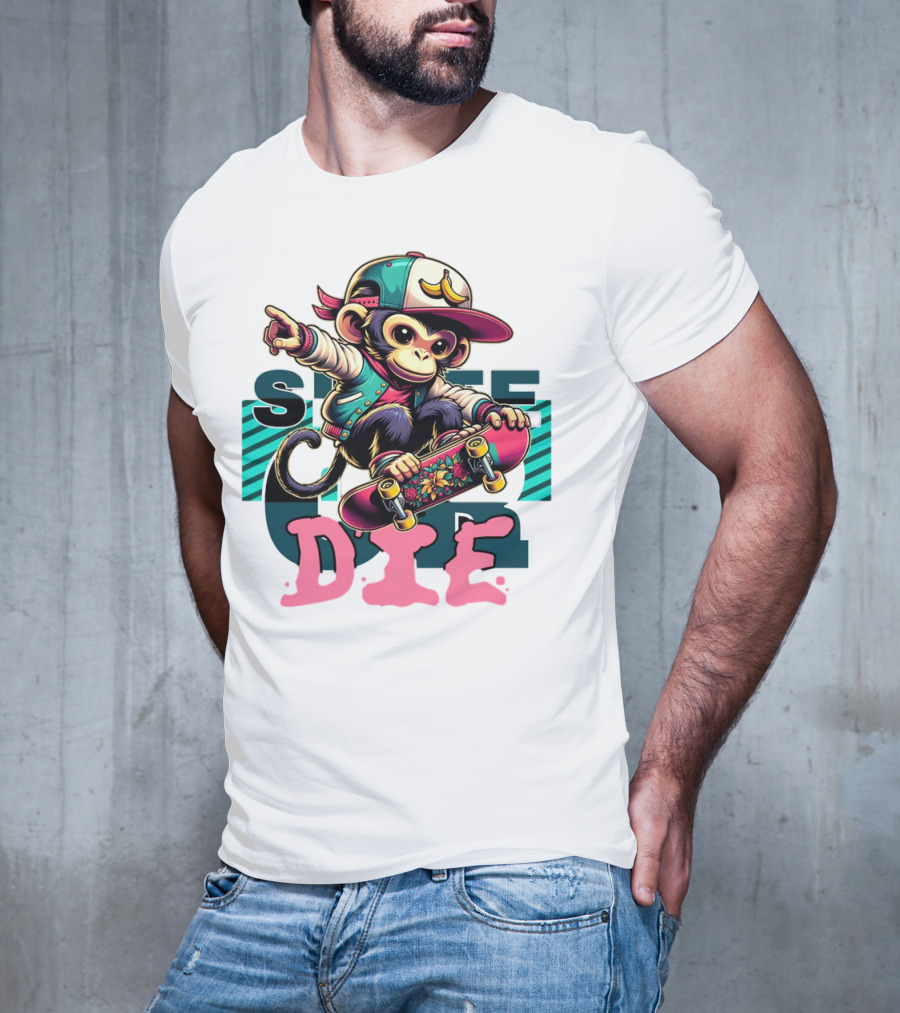 Skate Or Die Monkey On Skateboard With Cap And Jacket T-Shirt