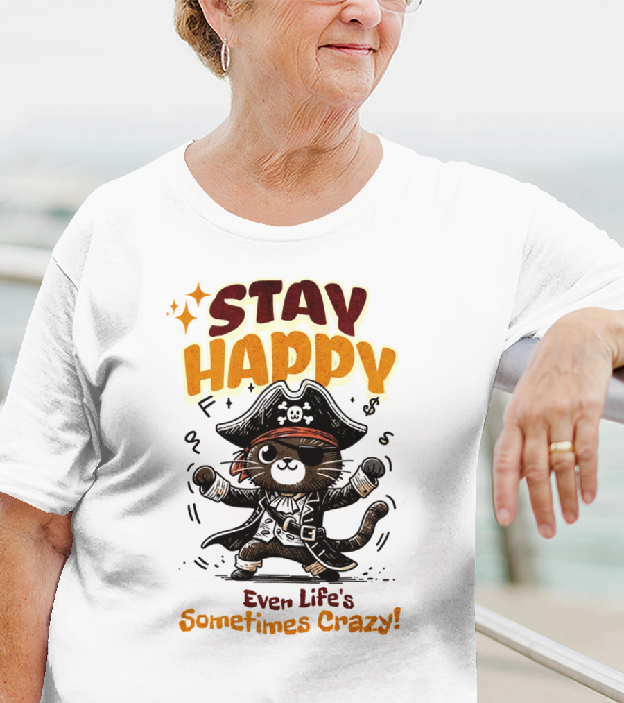 STAY HAPPY Even Life's Sometimes Crazy Pirate Cat T-Shirt