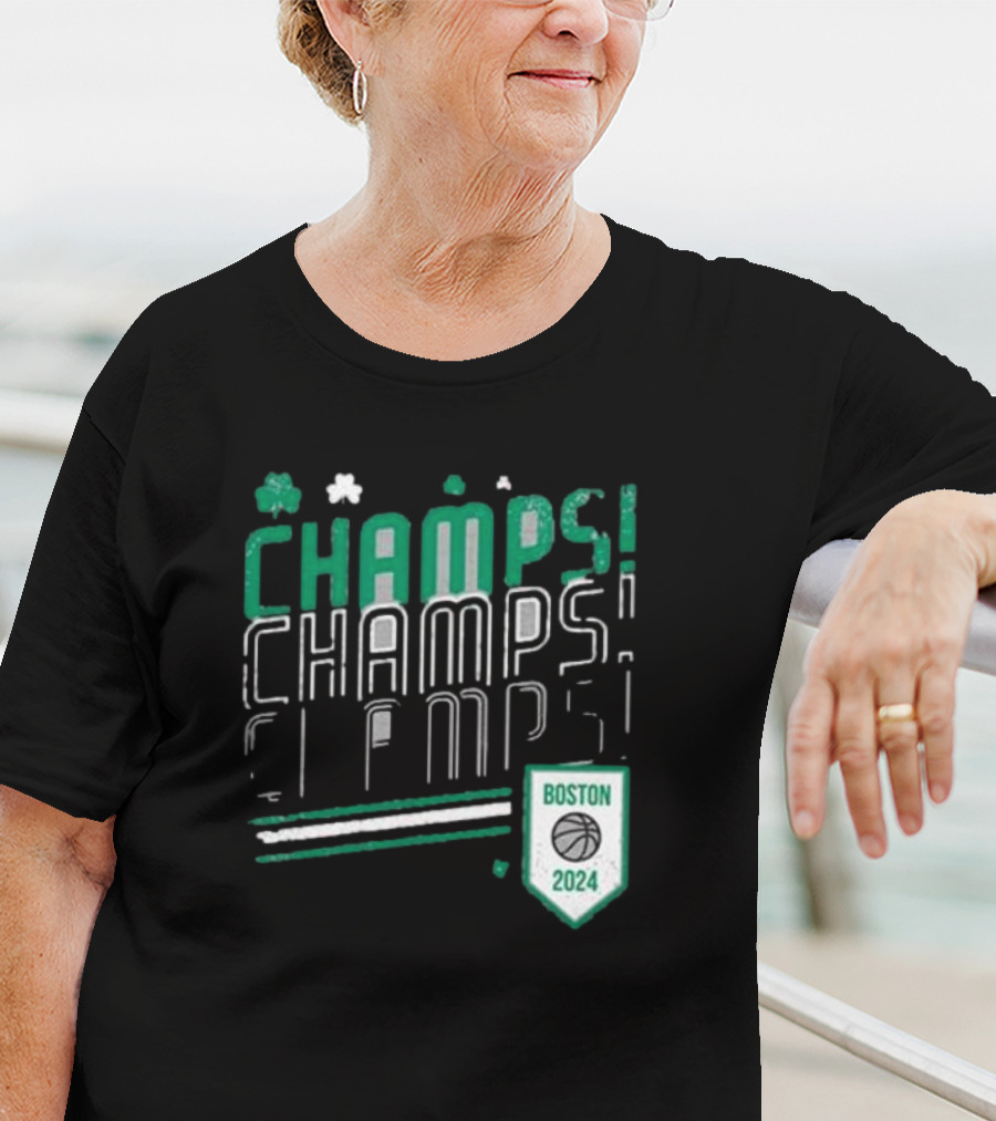 Boston Celtics ’24 Champs Champs Champs Basketball Shield T-Shirt