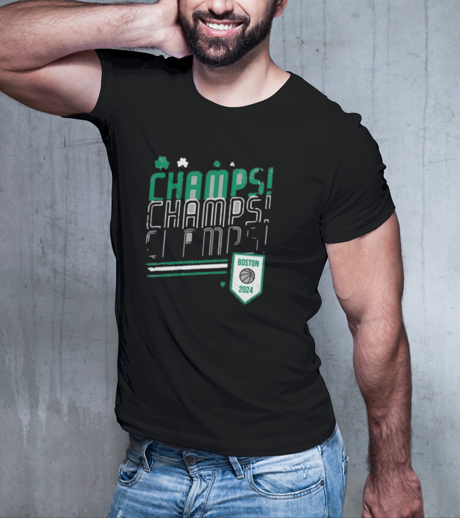 Boston Celtics ’24 Champs Champs Champs Basketball Shield T-Shirt