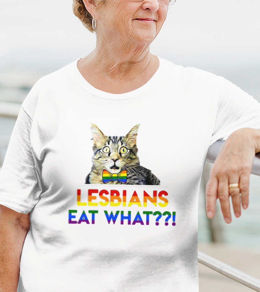 Lesbians Eat What Cat With Rainbow Bow Tie T-Shirt