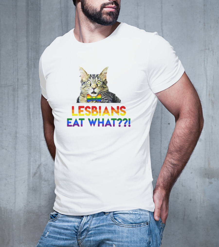 Lesbians Eat What Cat With Rainbow Bow Tie T-Shirt