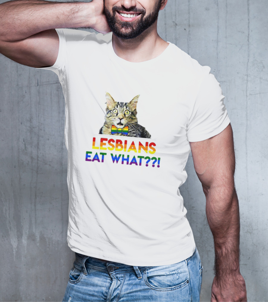 Lesbians Eat What Cat With Rainbow Bow Tie T-Shirt