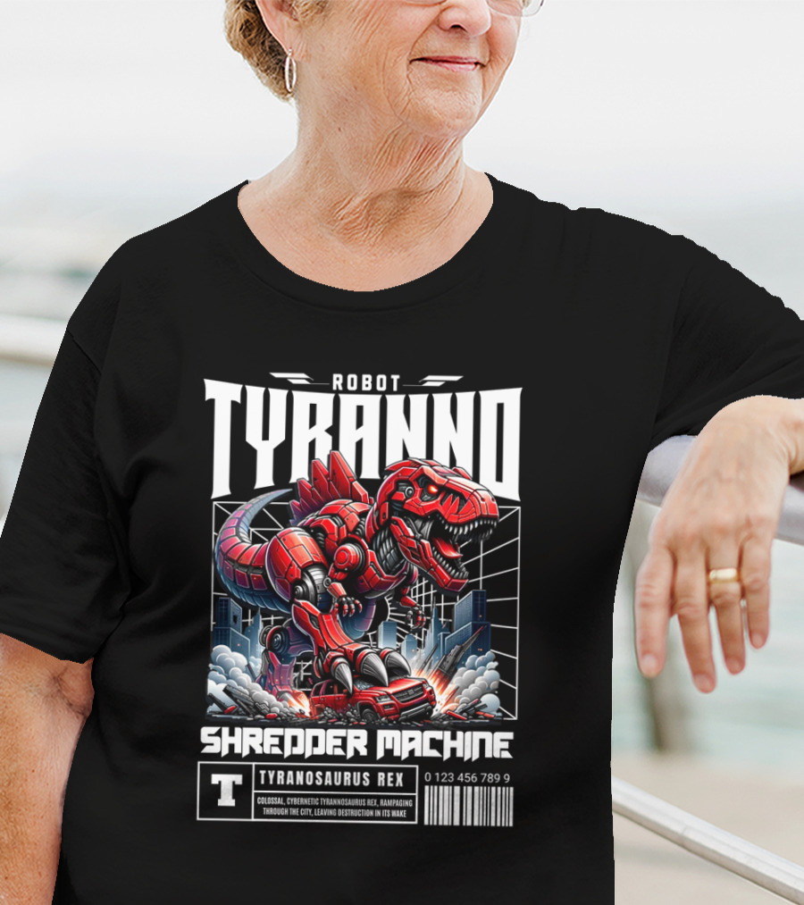 Robot Tyranno Shredder Machine Colossal Cybernetic Tyrannosaurus Rex Rampaging Through The City T-Shirt