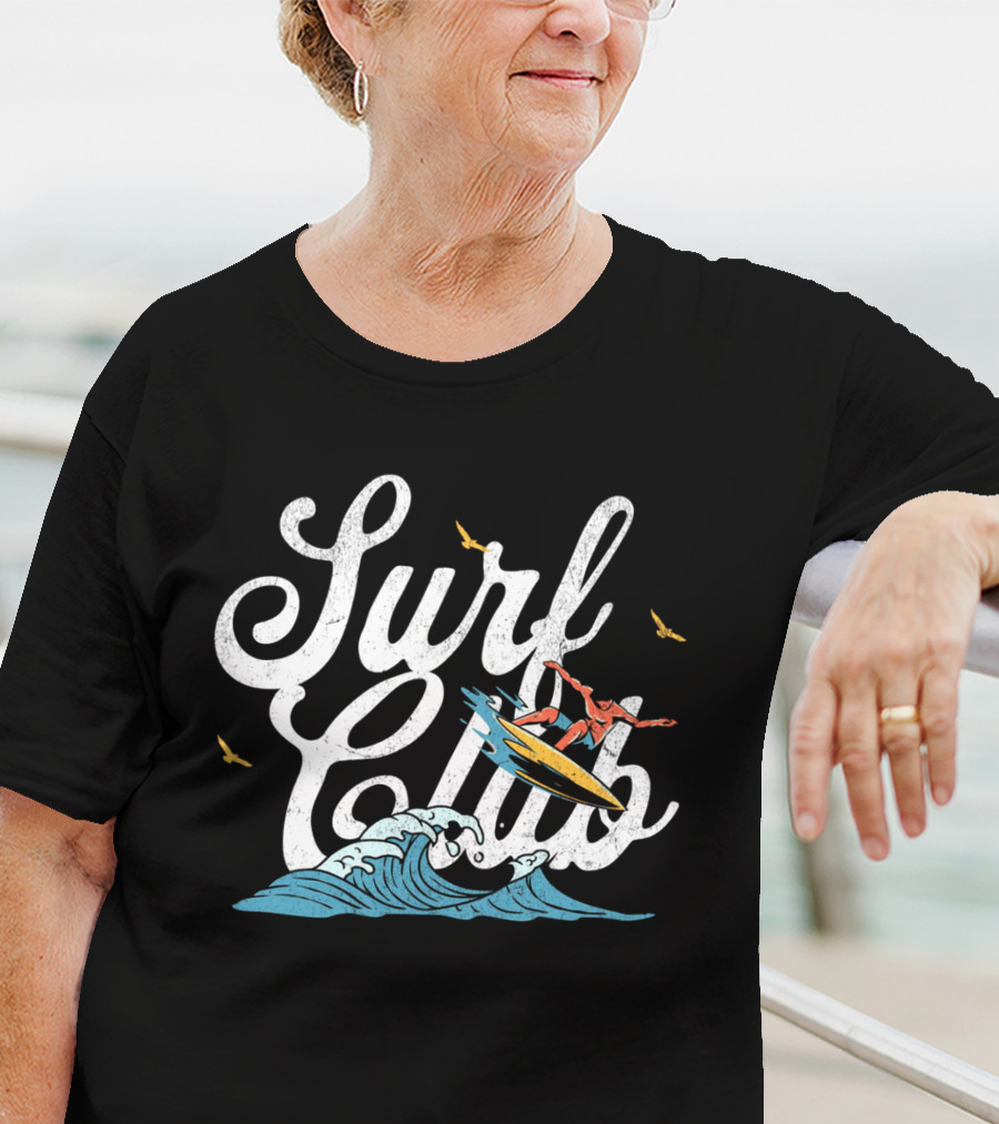 Surf Club Vintage Surfing Wave With Seagulls And Surfer T-Shirt