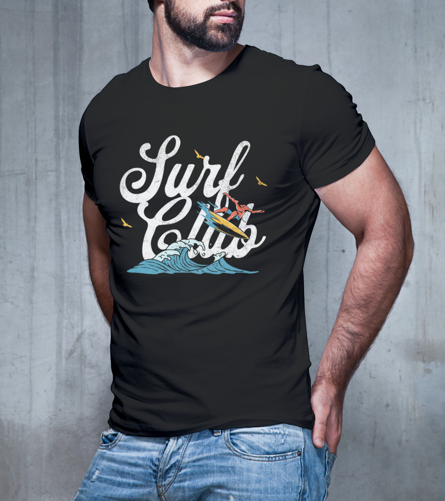 Surf Club Vintage Surfing Wave With Seagulls And Surfer T-Shirt
