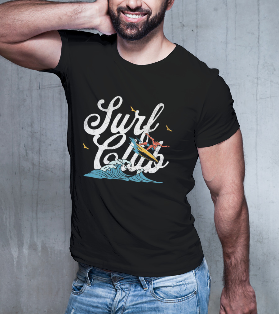 Surf Club Vintage Surfing Wave With Seagulls And Surfer T-Shirt