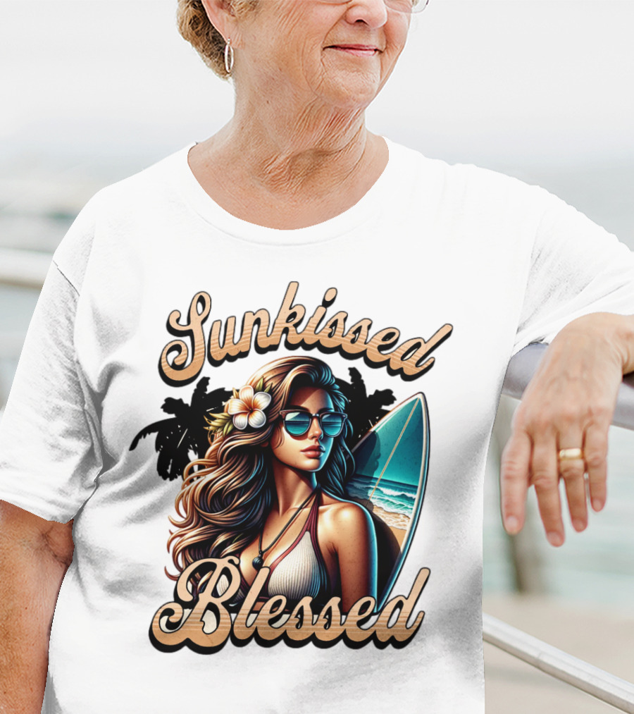 Sunkissed Blessed Surfer Girl In Sunglasses With Surfboard And Flower In Hair T-Shirt