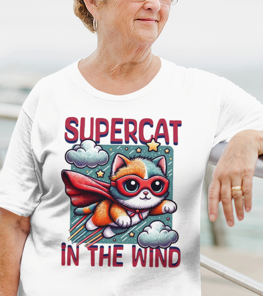 SUPER CAT IN THE WIND STAR ADVENTURE WITH CLOUDS AND CAPE T-Shirt