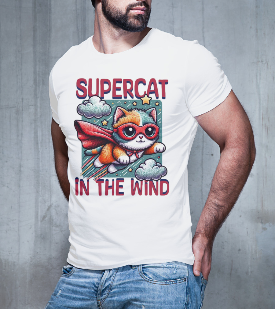SUPER CAT IN THE WIND STAR ADVENTURE WITH CLOUDS AND CAPE T-Shirt