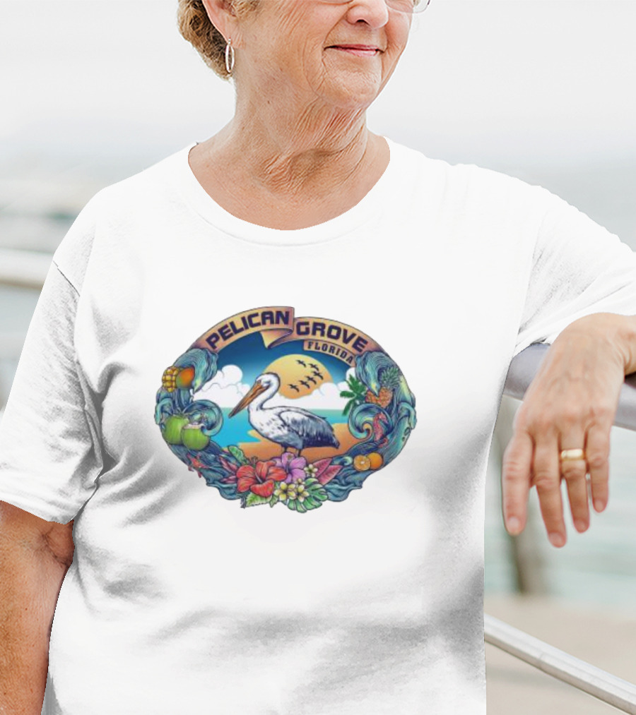 Pelican Grove Florida Tropical Beach Scene With Pelican And Coastal Fruits T-Shirt