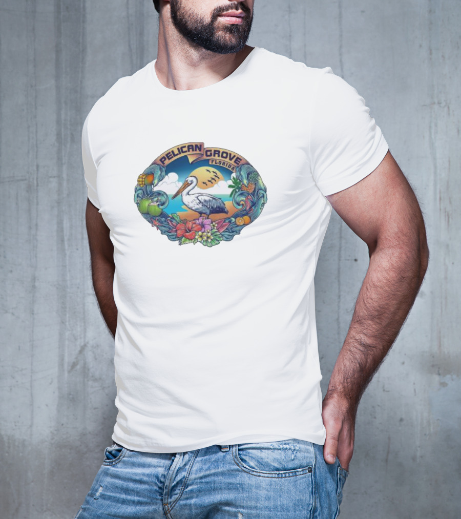 Pelican Grove Florida Tropical Beach Scene With Pelican And Coastal Fruits T-Shirt