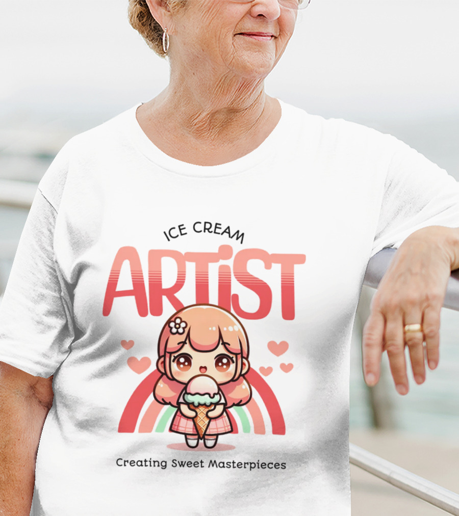 Ice Cream Artist Creating Sweet Masterpieces Kawaii Girl With Hearts And Rainbow T-Shirt