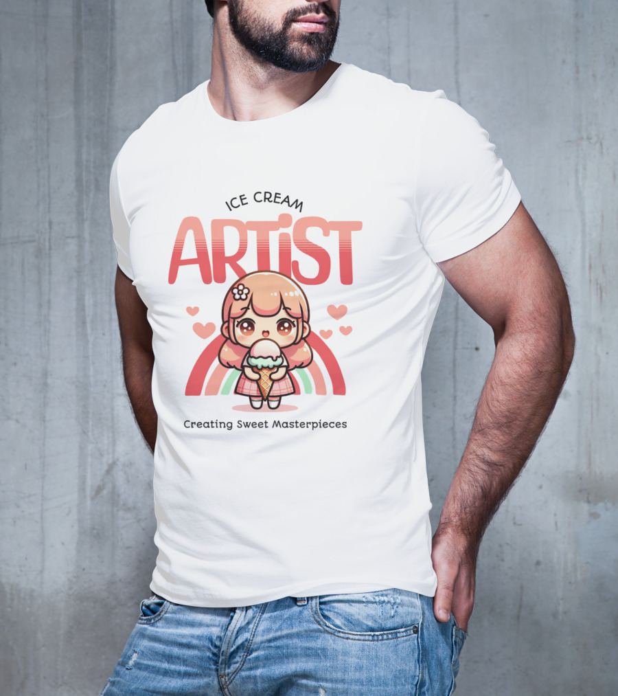 Ice Cream Artist Creating Sweet Masterpieces Kawaii Girl With Hearts And Rainbow T-Shirt