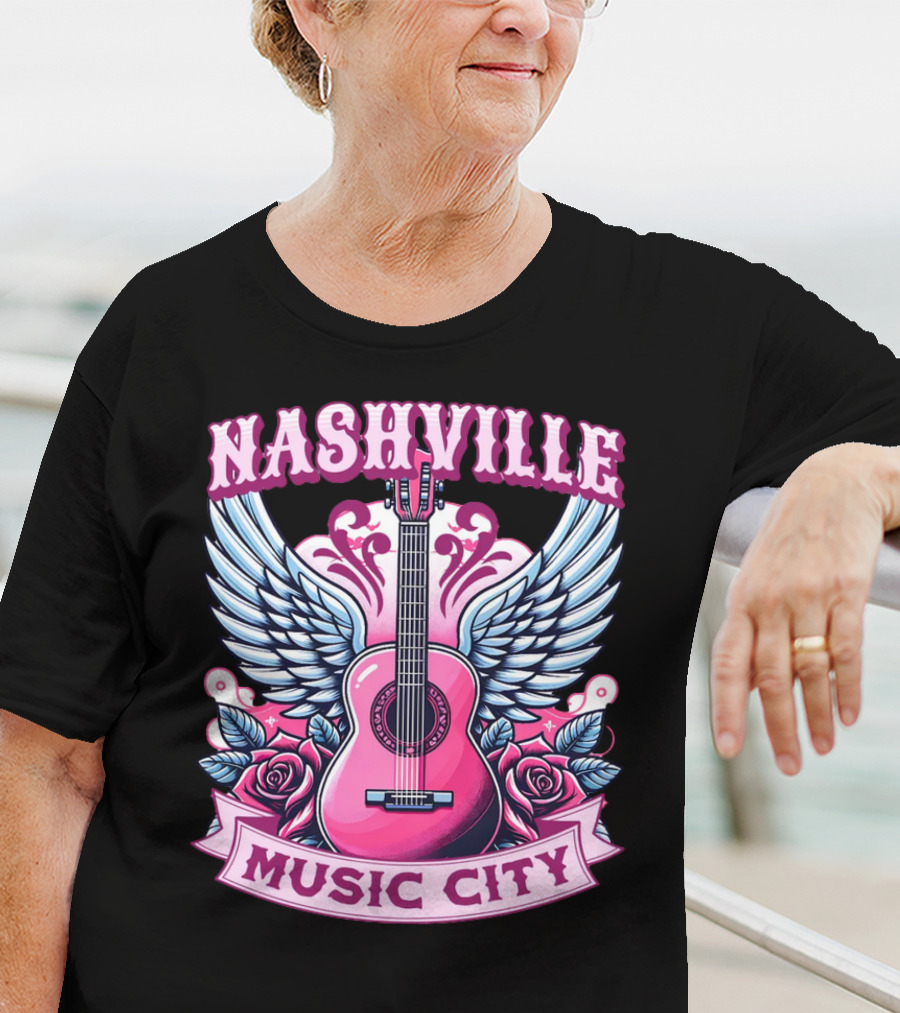 Nashville Music City Pink Guitar Wings Roses T-Shirt
